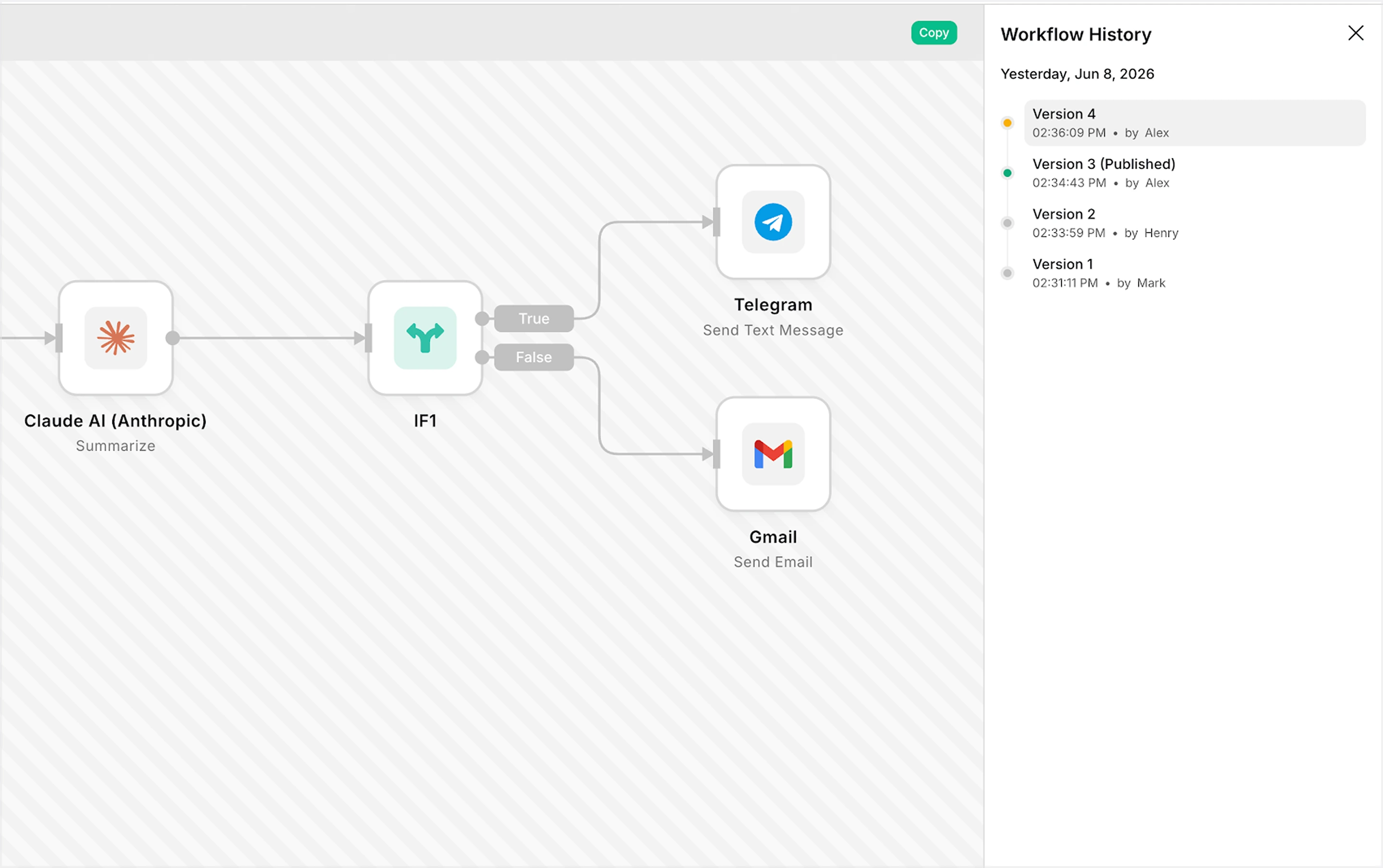 Workflow canvas with version history sidebar