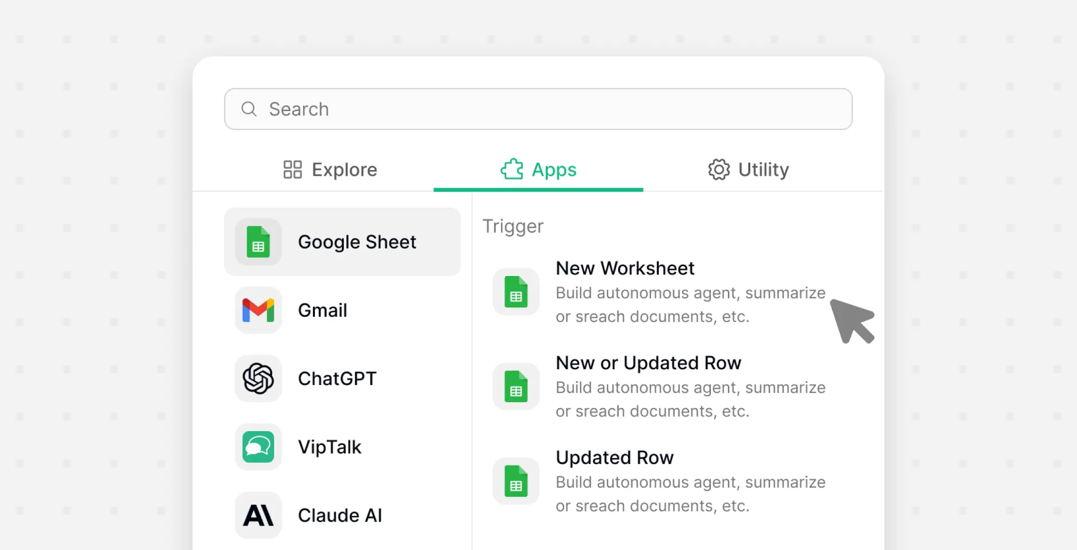 App and tool picker for building workflows