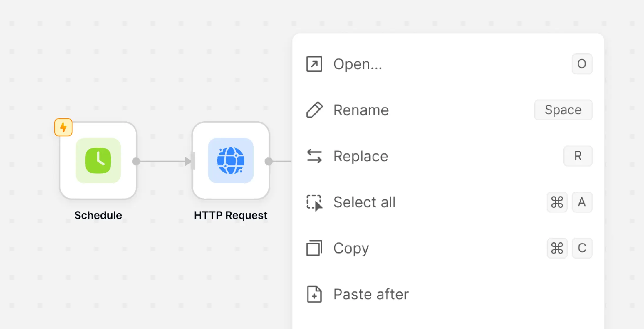 Context menu with shortcuts on workflow nodes